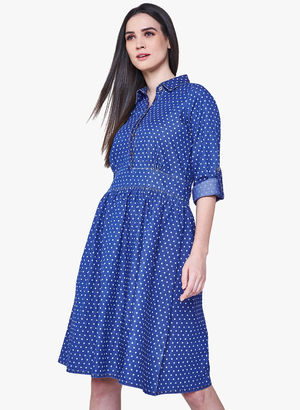Blue Coloured Printed Skater Dress Price in India