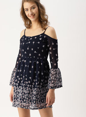 Navy Blue Printed Shift Dress Price in India