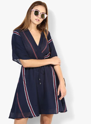 Navy Blue Coloured Yarn Dyed Shift Dress Price in India