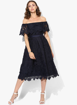 Navy Blue Self Pattern Off-Shoulder Dress Price in India