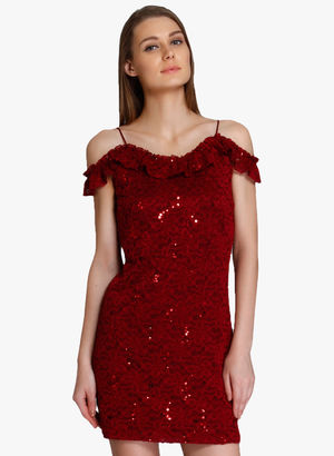 Red Coloured Self Pattern Off Shoulder Dress Price in India