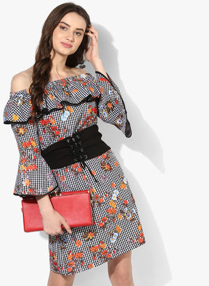 Multioloured Printed Shift Dress With Belt Price in India