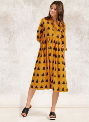 Mustard Yellow Coloured Printed Shift Dress Price in India