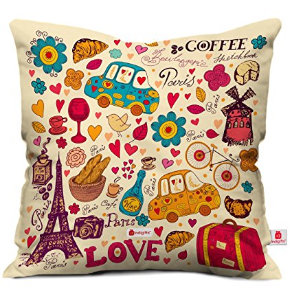 Indigifts Printed Love Paris Cushion Cover With Filler (12 X 12 In)(Beige) Price in India