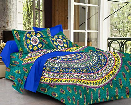 SheetKart Sapphire 144 TC Cotton Double Bedsheet with 2 Pillow Covers - Fine Green Price in India
