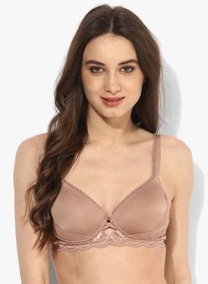 Beige Self Pattern Non Wired Padded Moulded Bra Price in India