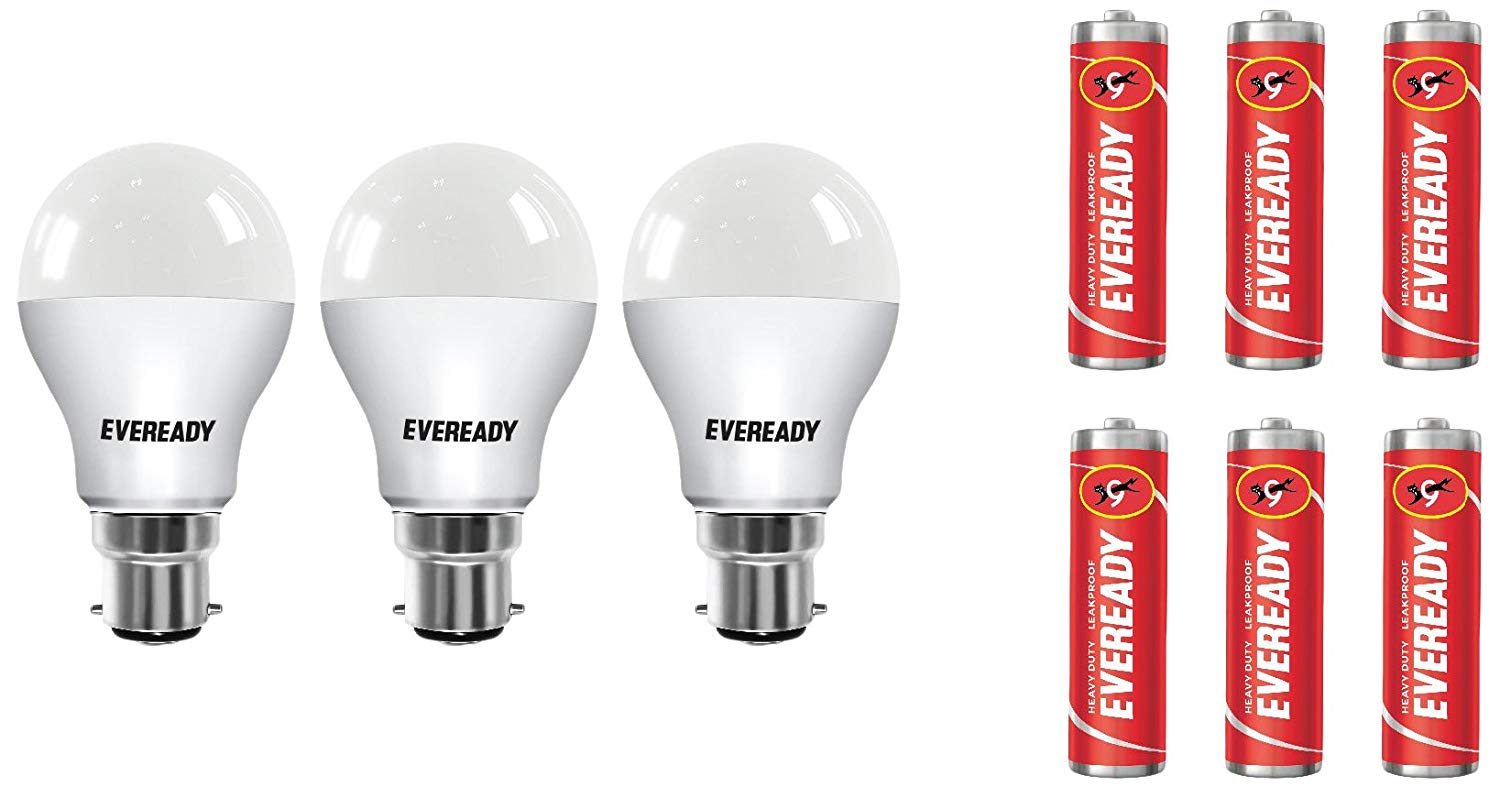 Eveready B22 Base 9-Watt LED Bulb (Pack of 3, Cool Day Light) with 6 1015 AA carbon Zinc Batteries Price in India