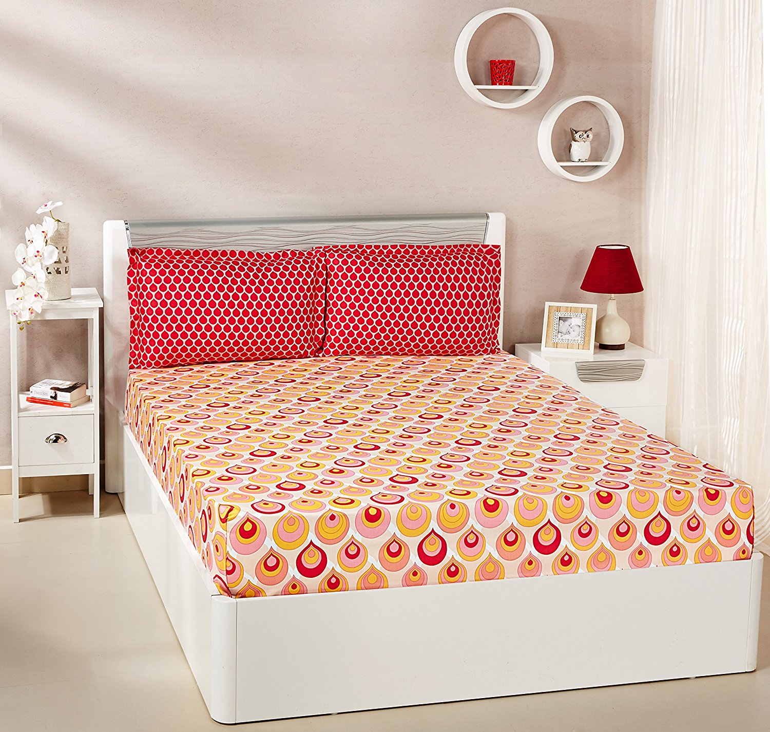 Amazon Brand - Solimo Mystic Drops 144 TC 100% Cotton Double Bedsheet with 2 Pillow Covers, Red Price in India
