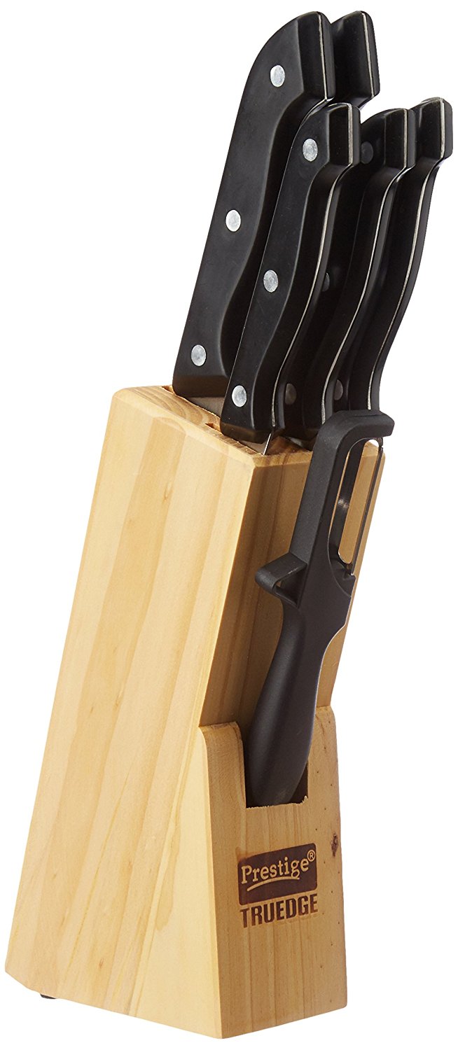 Prestige Tru-Edge Kitchen Knife Set with Wooden Block and Free Peeler, 5-Pieces, Black Price in India