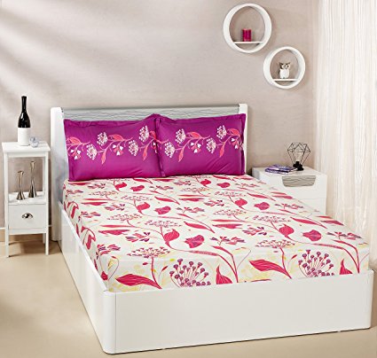 Amazon Brand - Solimo Lily Bloom 144 TC 100% Cotton Double Bedsheet with 2 Pillow Covers, Pink Price in India