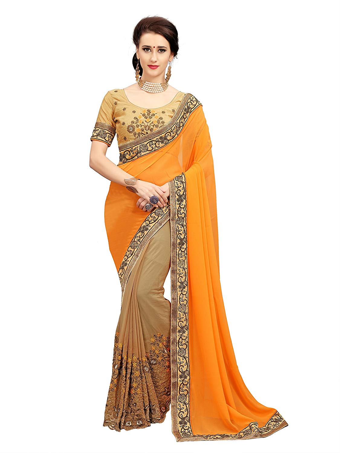 Glory Sarees Georgette With Blouse Piece (diva102orange_Orange and Brown_Free Size) Price in India