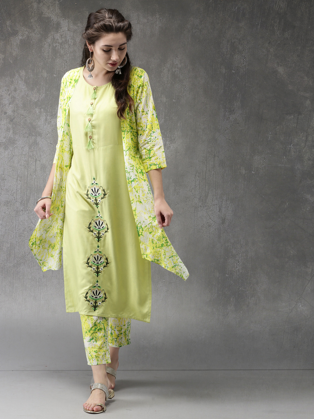 Anouk Women Lime Green Printed Kurta with Trousers Price in India