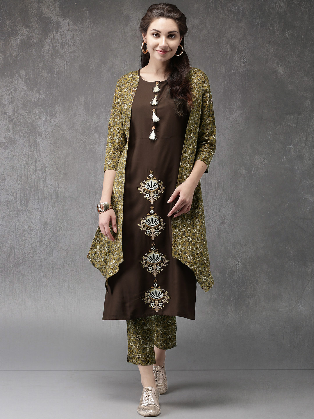 Anouk Women Olive Green & Brown Solid Kurta with Trousers Price in India