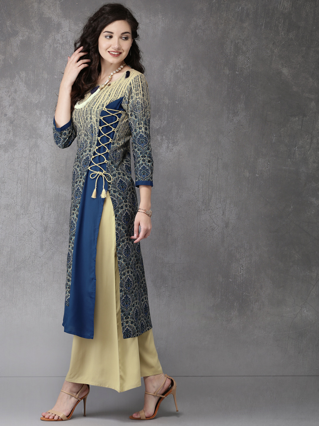 Anouk Women Beige & Blue Printed Kurta with Palazzos Price in India