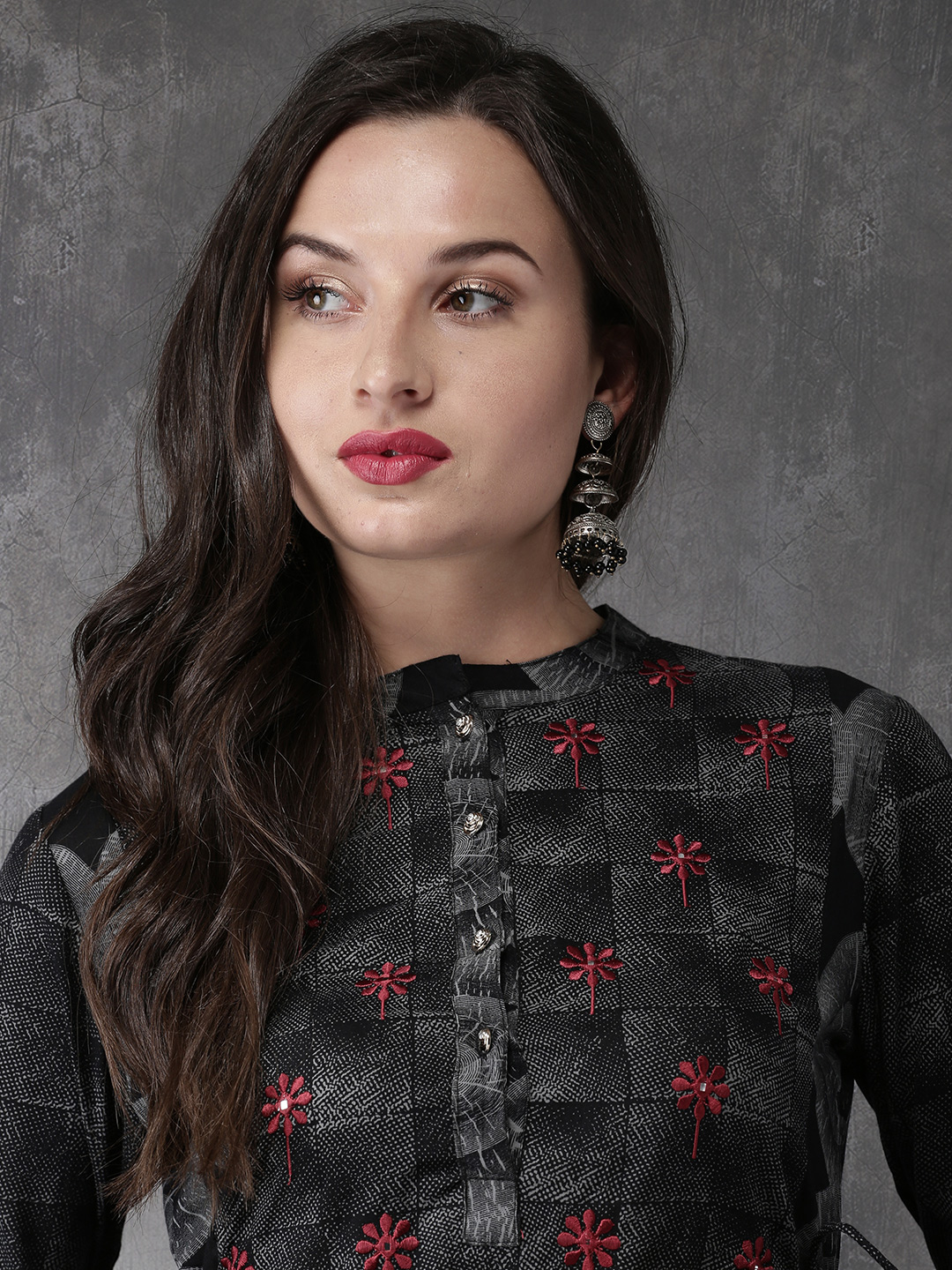 Anouk Women Black & Grey Checked Angrakha Kurta Price in India