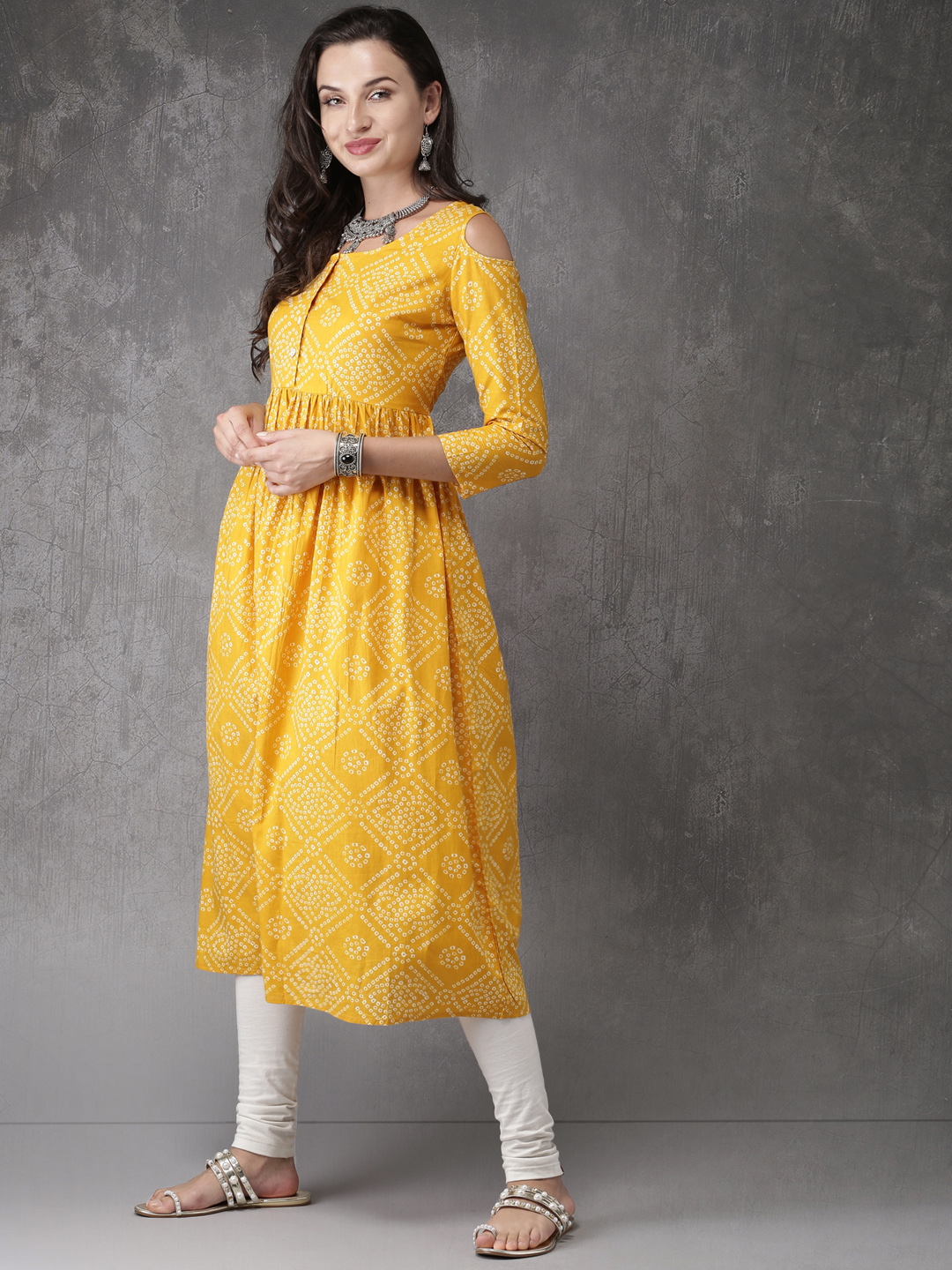Anouk Women Mustard Yellow & Off-White Printed Anarkali Kurta Price in India