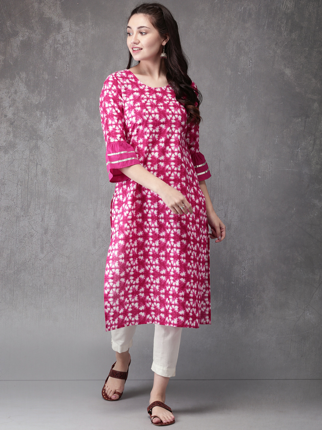 Anouk Women Pink & White Printed Straight Kurta Price in India