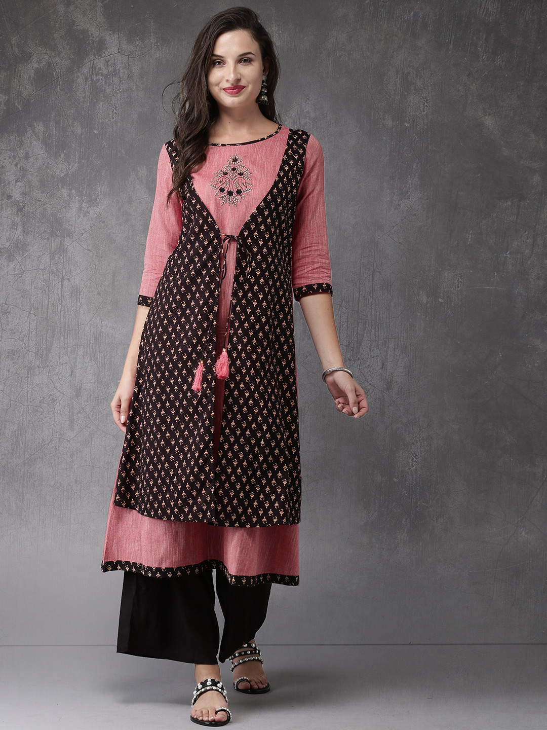 Anouk Women Black & Pink Printed A-Line Layered Kurta Price in India
