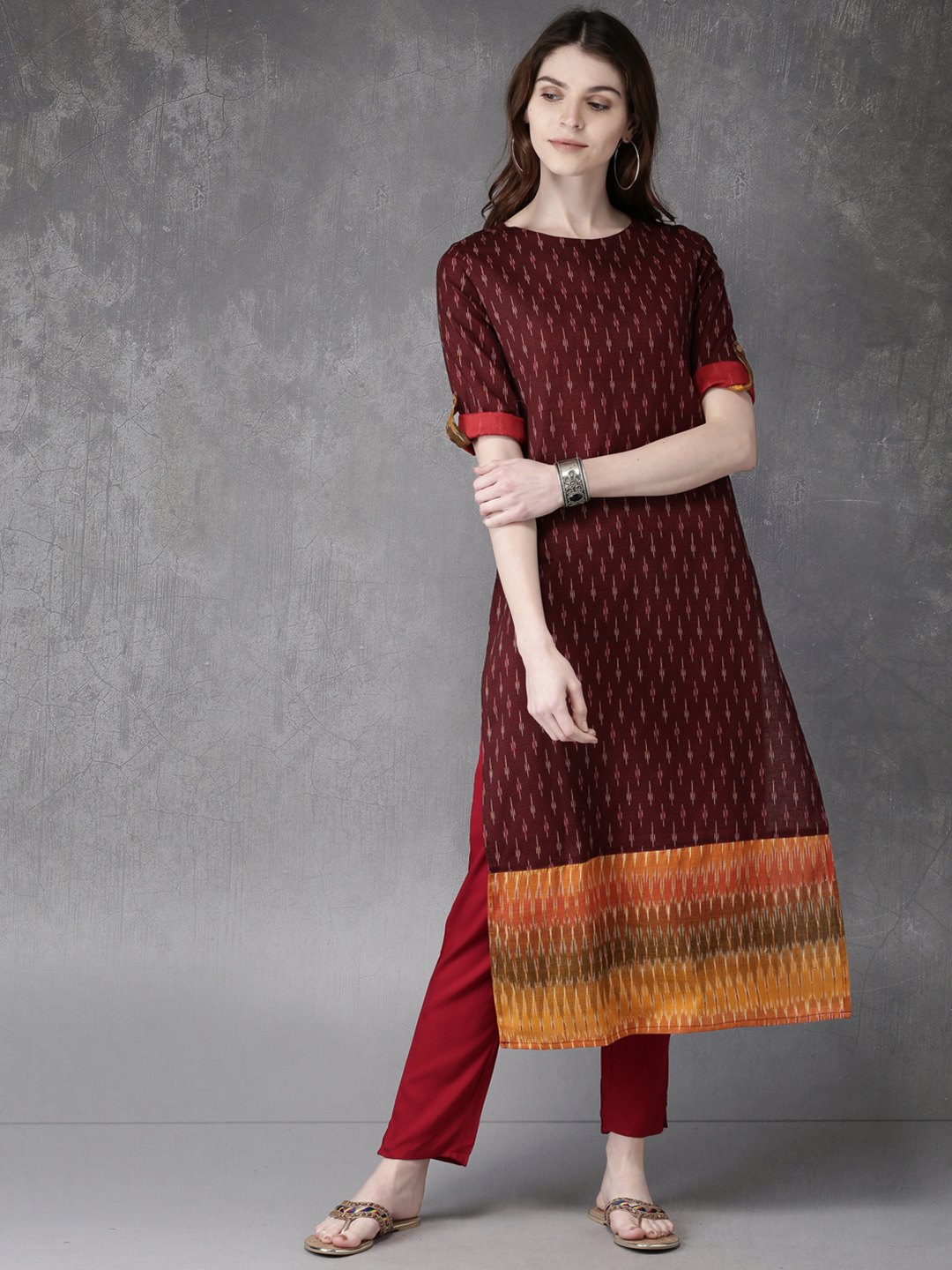 Anouk Women Maroon Woven Design A-Line Kurta Price in India