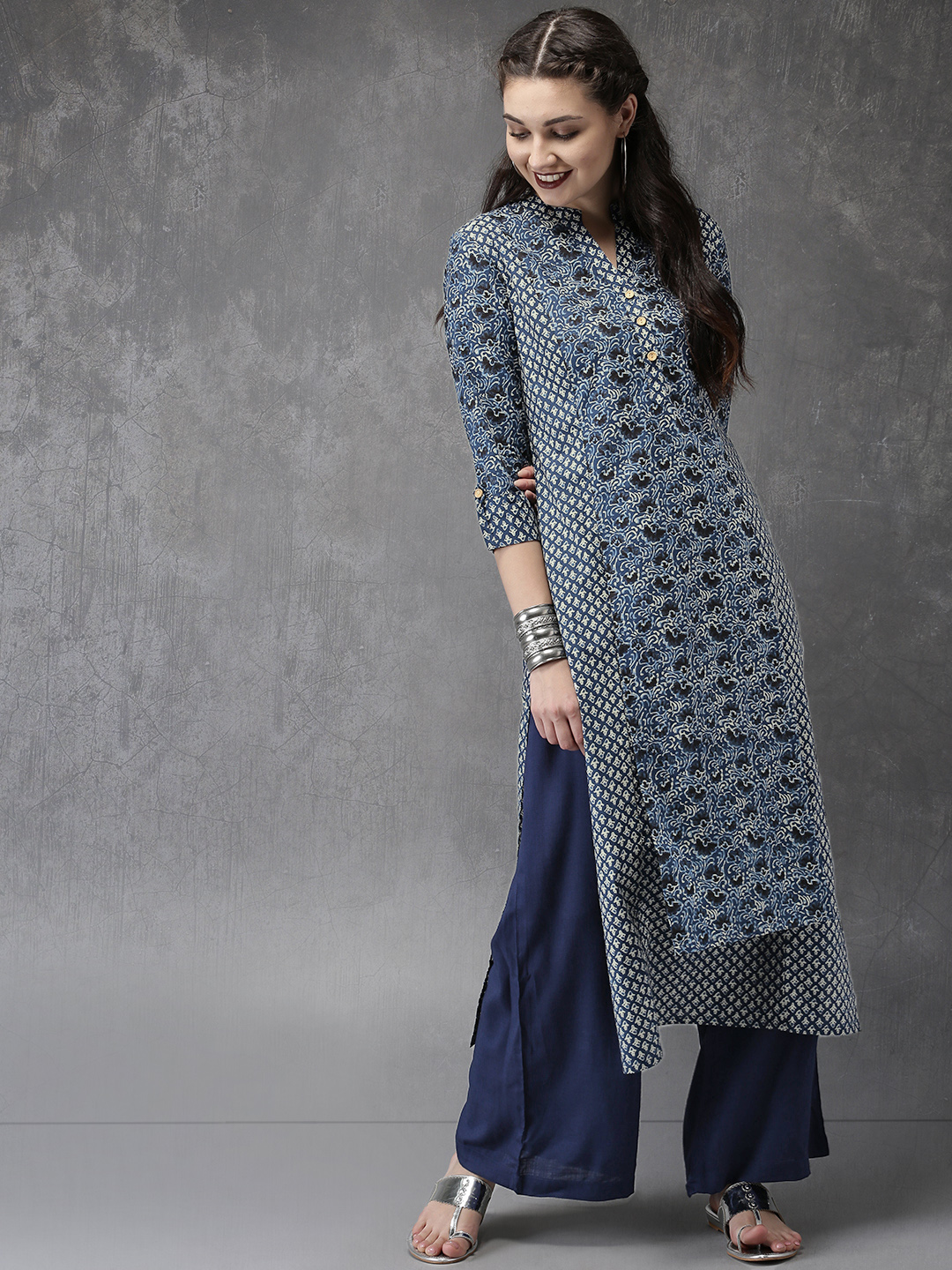 Anouk Women Blue Printed Kurta with Palazzo Price in India