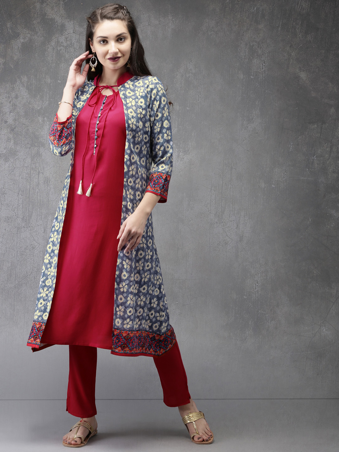 Anouk Women Blue & Pink Printed Layered Kurta with Pyjamas Price in India
