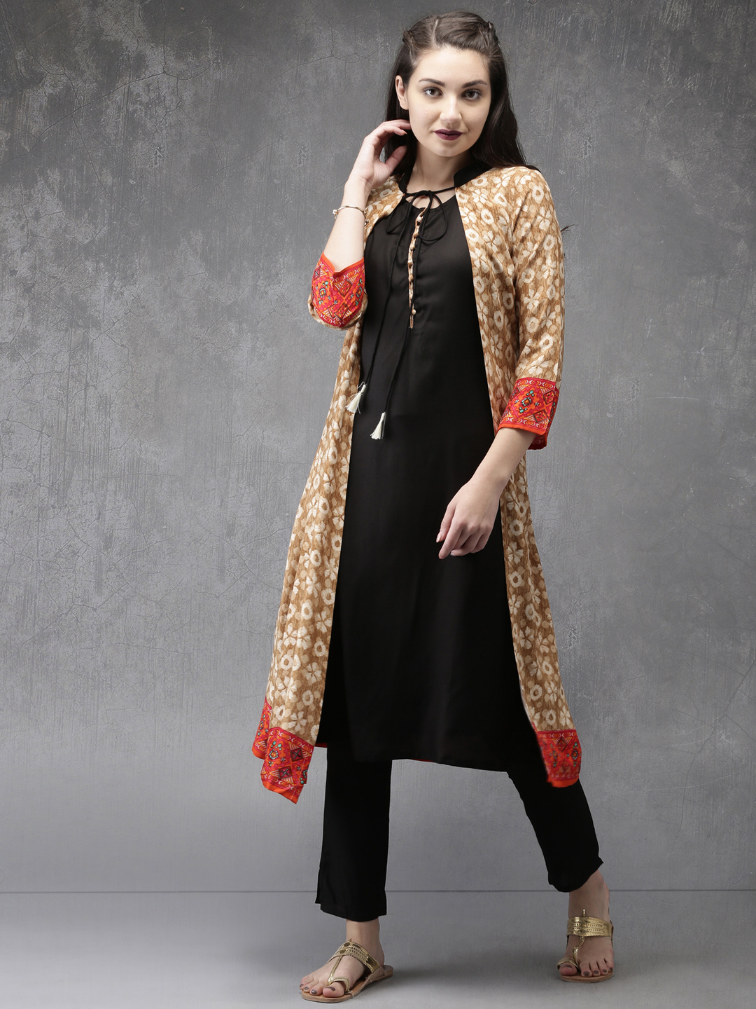 Anouk Women Black & Brown Printed Layered Kurta with Pyjamas Price in India