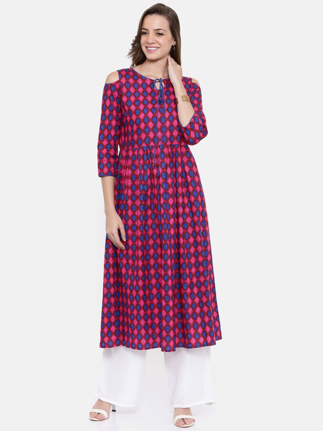 Anouk Women Pink & Blue Printed Off-shoulder A-Line Kurta Price in India