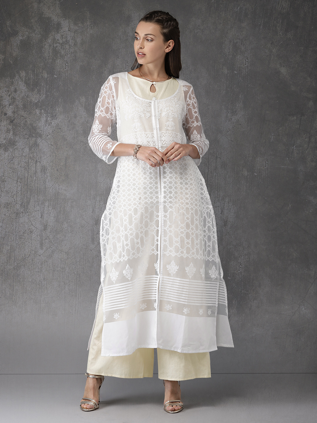 Anouk Cream-Coloured Solid Kurta with Jumpsuit Price in India