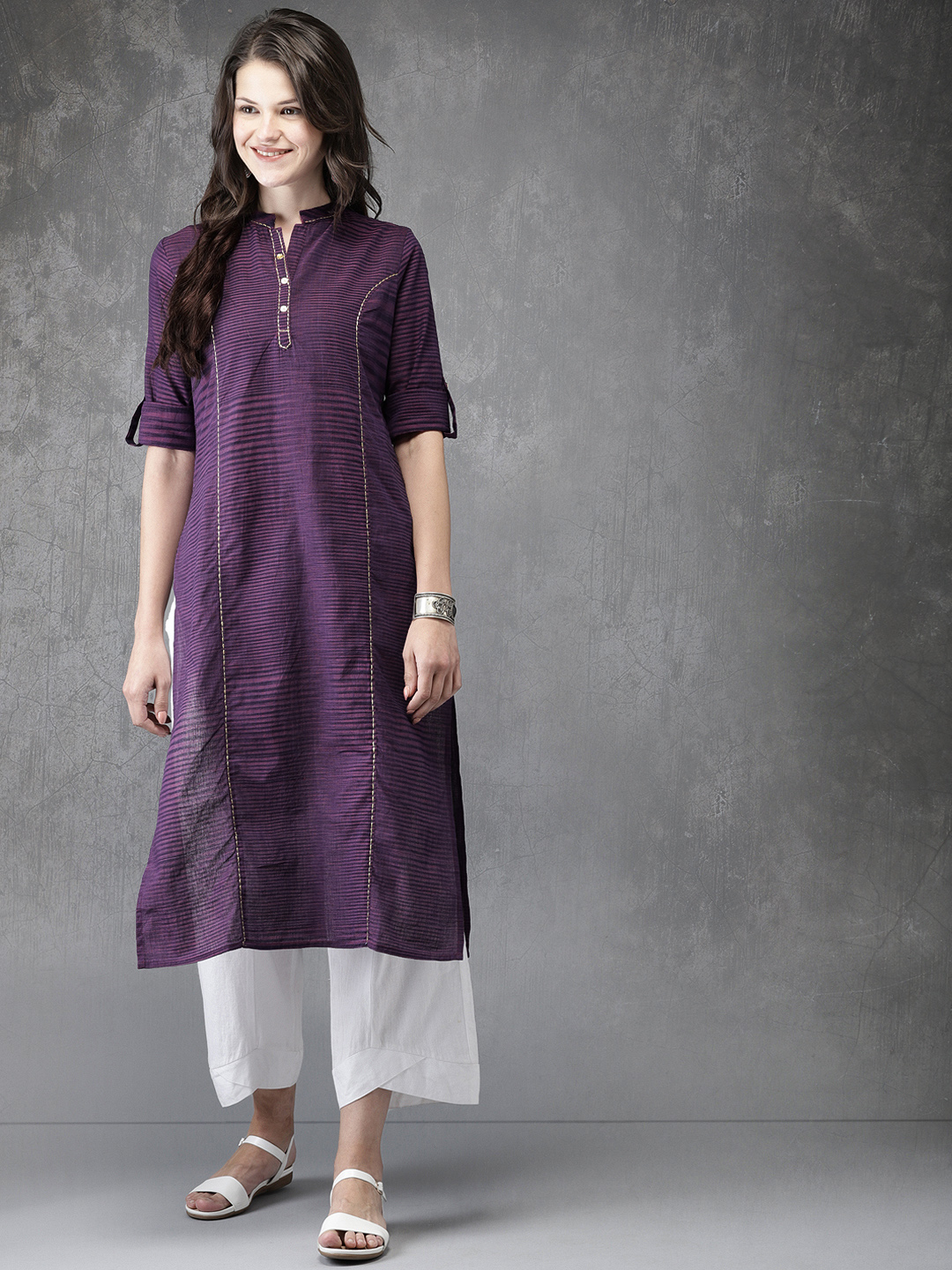 Anouk Women Purple Woven Design A-Line Kurta Price in India