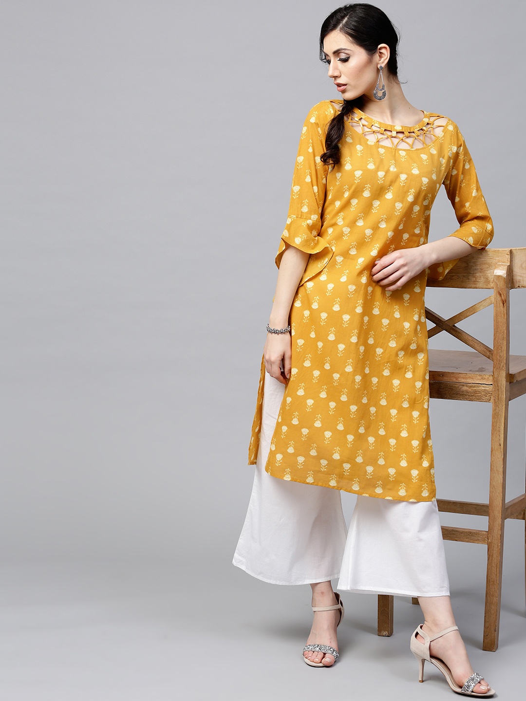 AKS Women Mustard Yellow & White Printed Straight Kurta Price in India