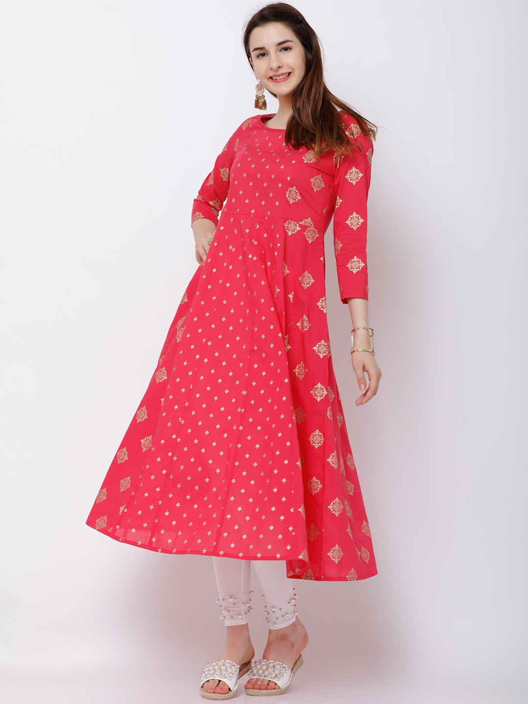 Vishudh Women Pink & White Printed Anarkali Kurta Price in India