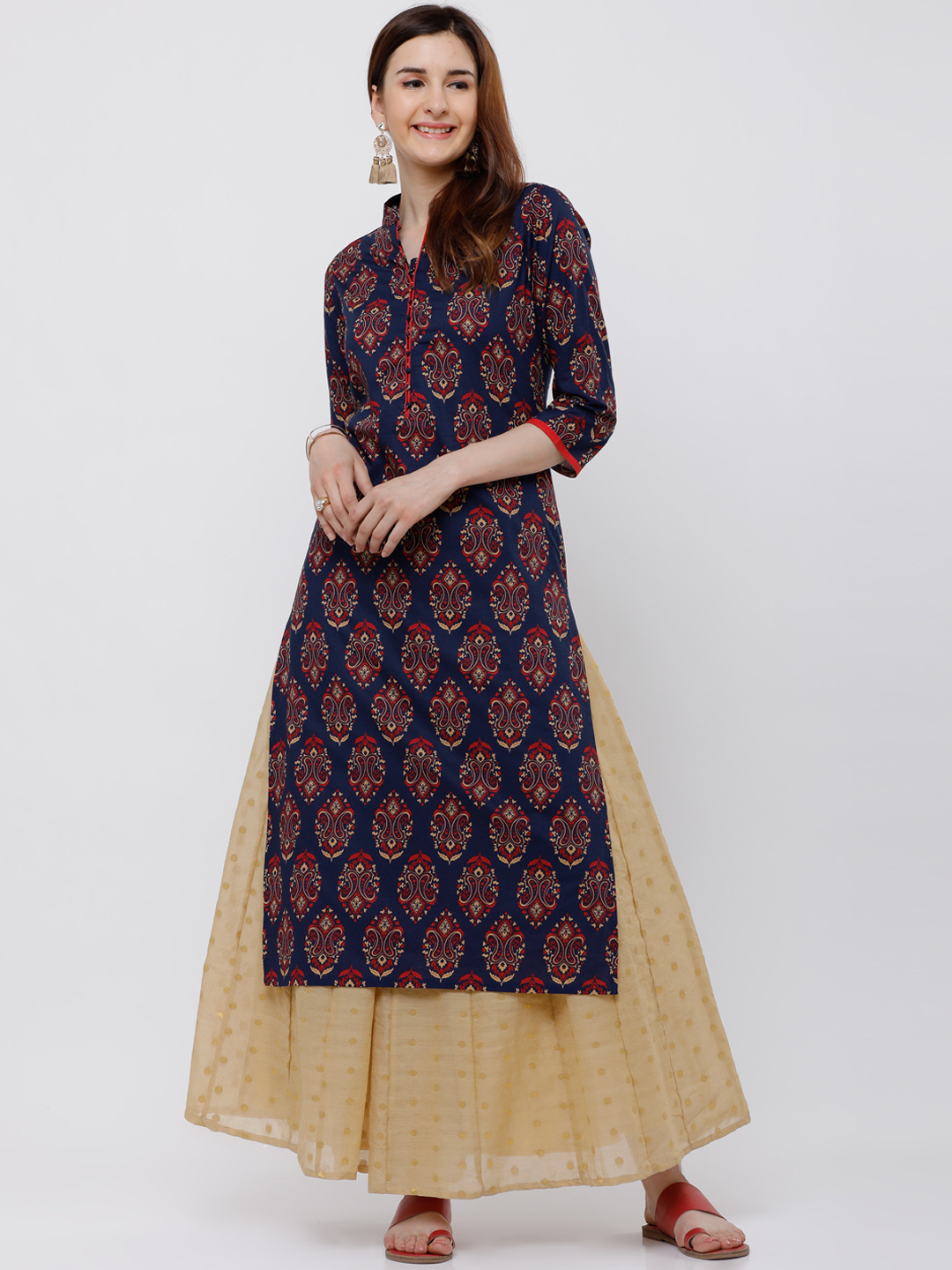 Vishudh Women Navy Blue & Red Printed Straight Kurta Price in India