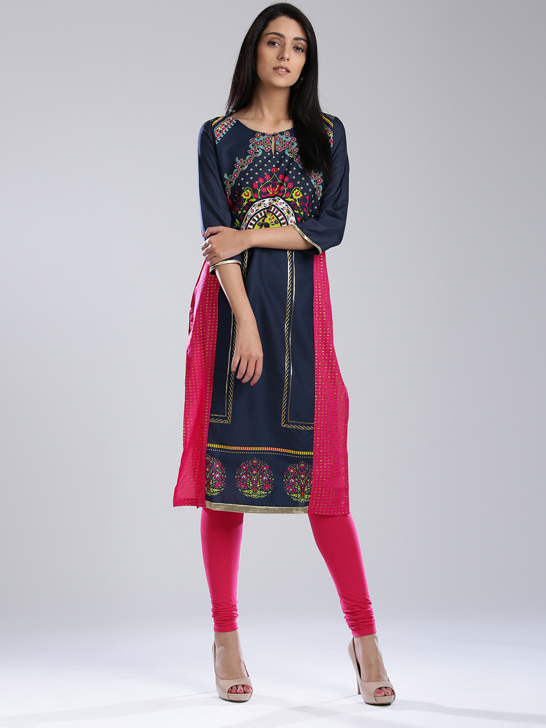 W Women Navy & Pink Printed Straight Kurta Price in India