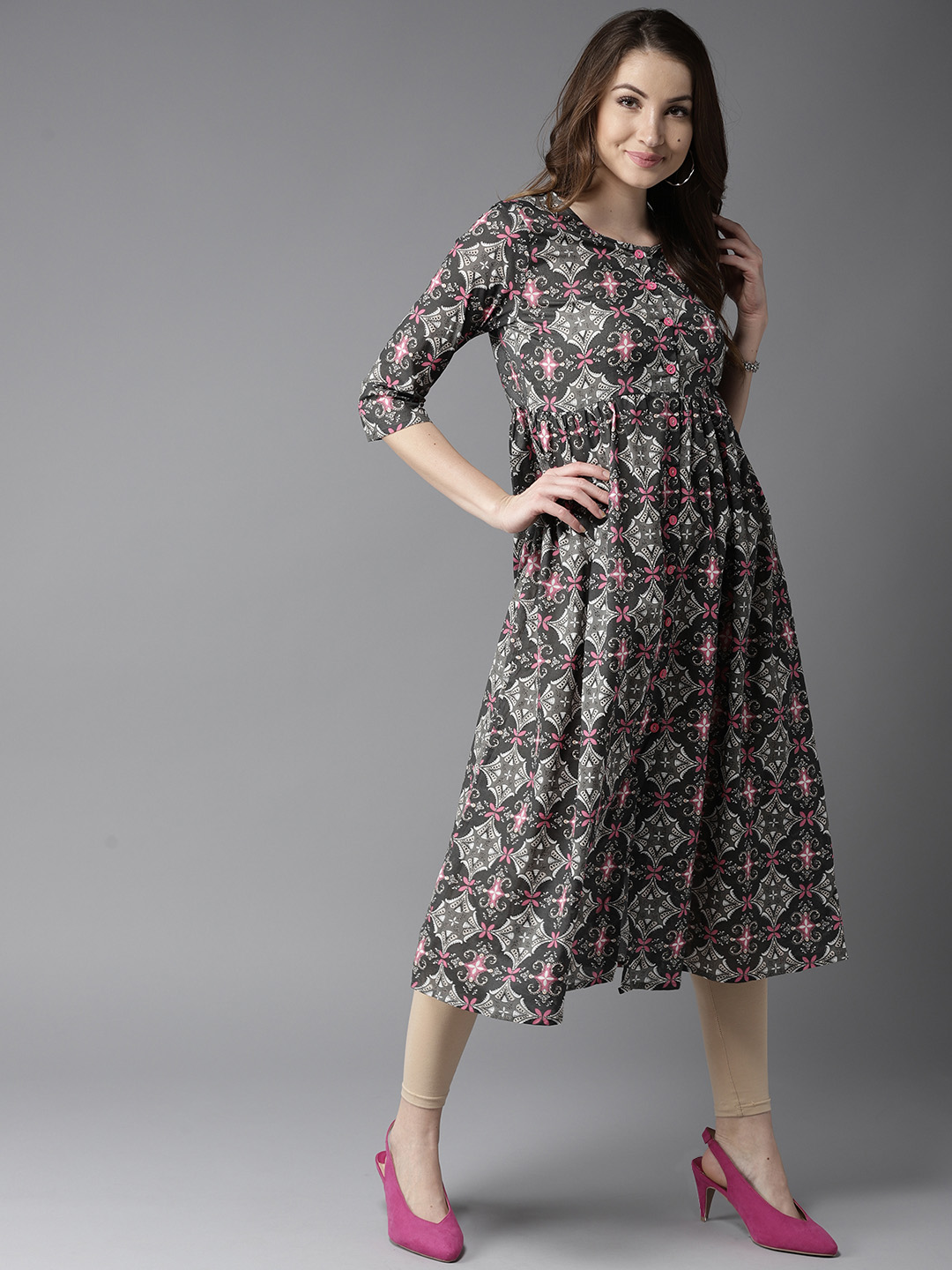 HERE&NOW Women Charcoal Grey & Pink Printed A-Line Kurta Price in India