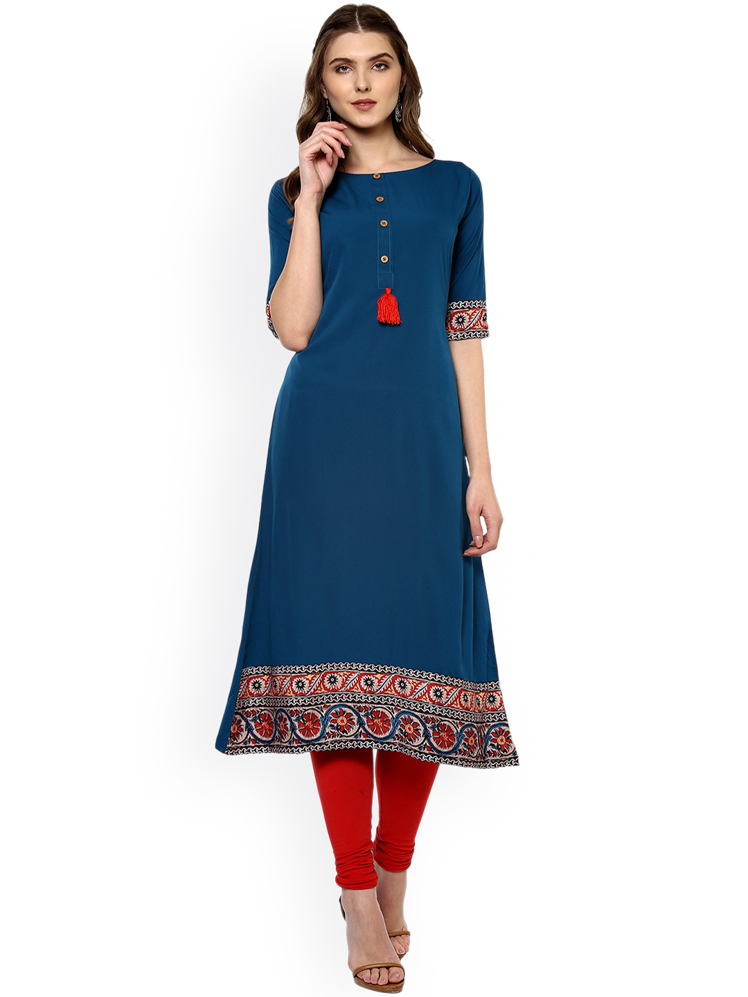 Janasya Women Turquoise Blue Printed A-Line Kurta Price in India