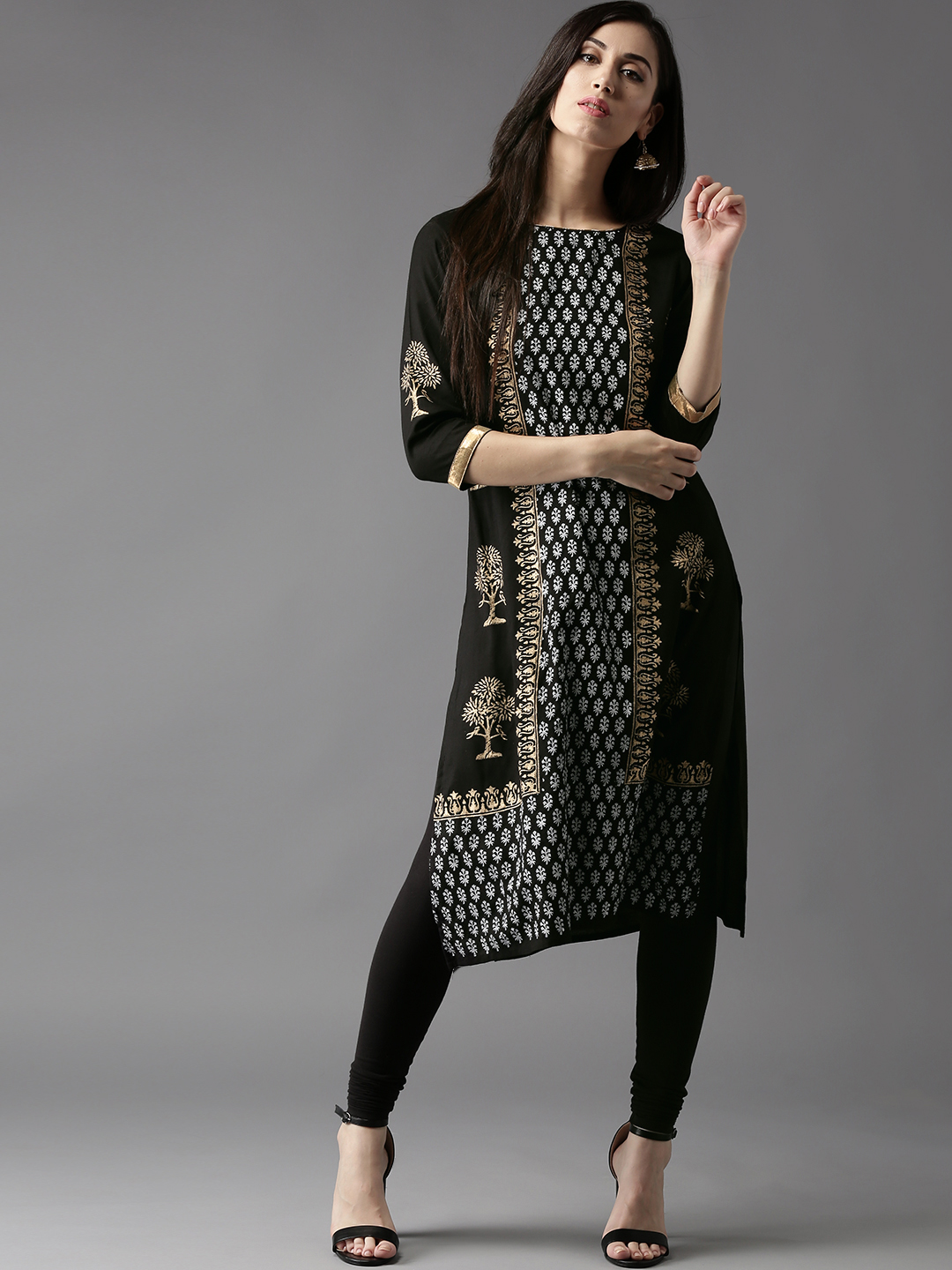 HERE&NOW Women Black Printed Straight Kurta Price in India