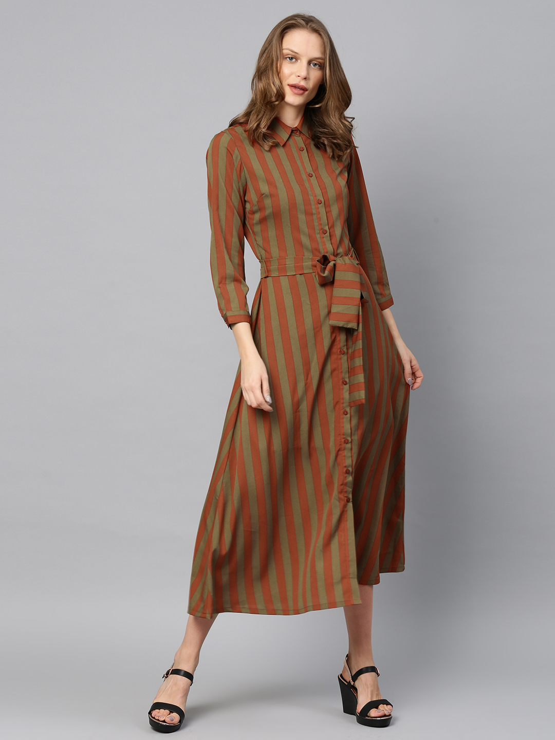 Tokyo Talkies Women Rust Red & Green Striped Shirt Dress Price in India