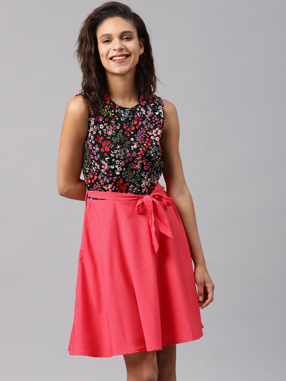 Tokyo Talkies Women Coral Printed Fit and Flare Dress Price in India