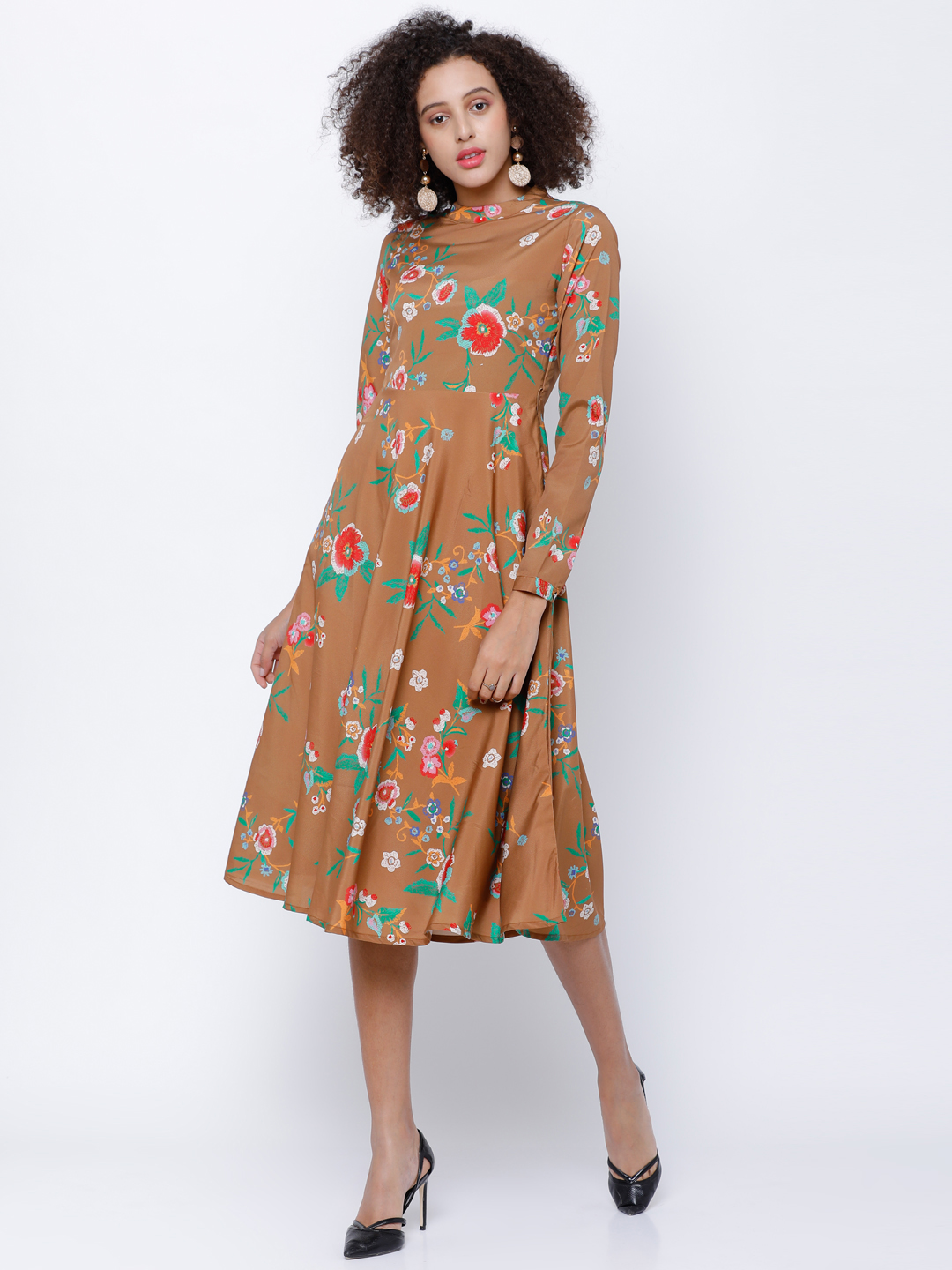 Tokyo Talkies Women Brown Printed Fit and Flare Dress Price in India