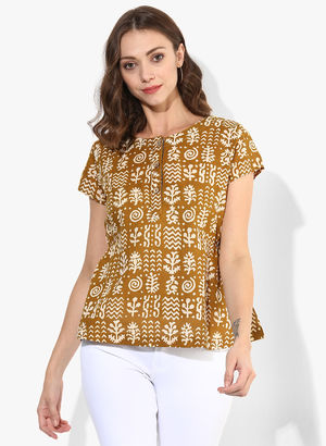 Round Neck Printed Cotton Top With Short Sleeves Price in India