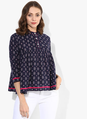 Band Collar Printed Cotton Top With 3/4Th Sleeves Price in India