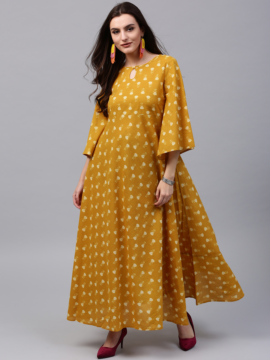 aks mustard yellow printed maxi dress