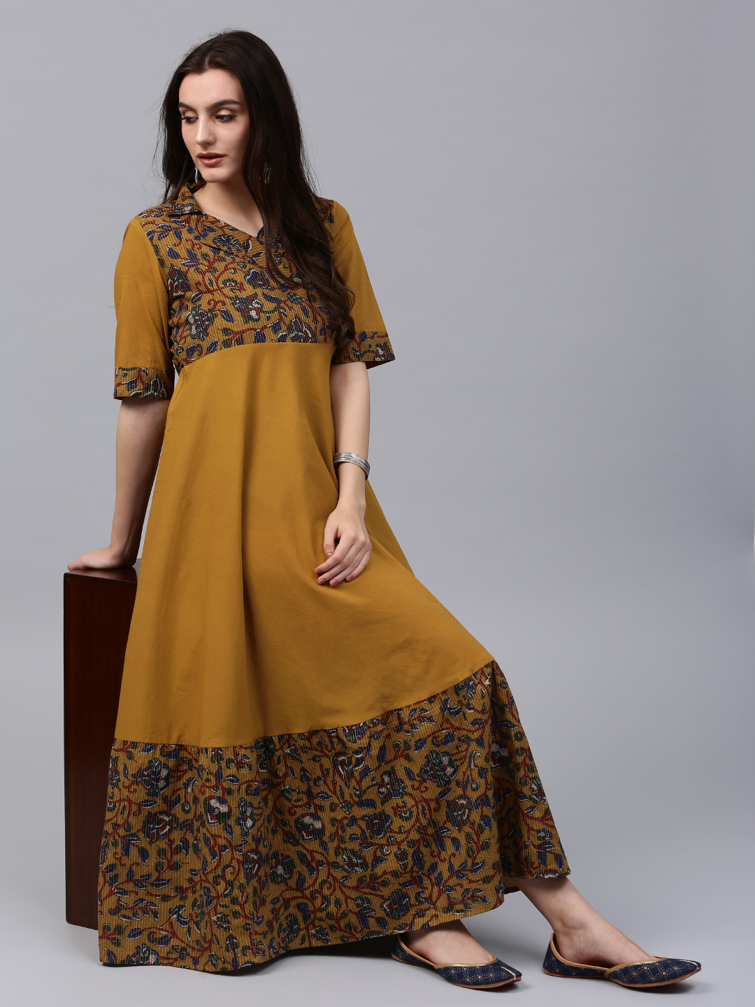 AKS Women Mustard Brown Printed Maxi Dress Price in India