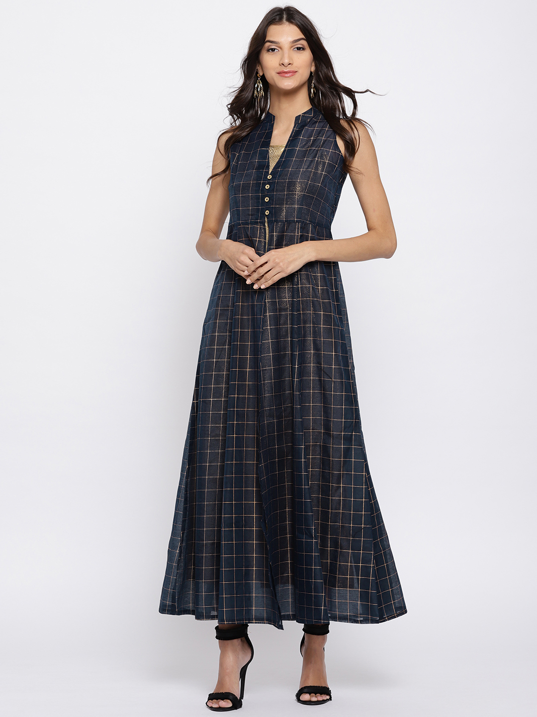 Global Desi Women Navy Blue Checked Maxi Dress Price in India