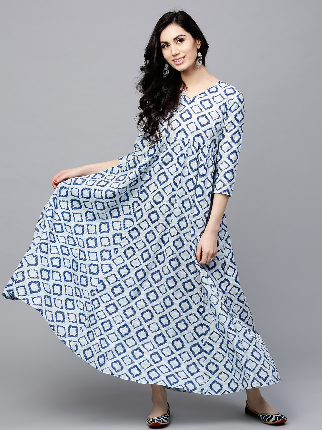 AKS Women Off-White & Blue Printed Maxi Dress Price in India
