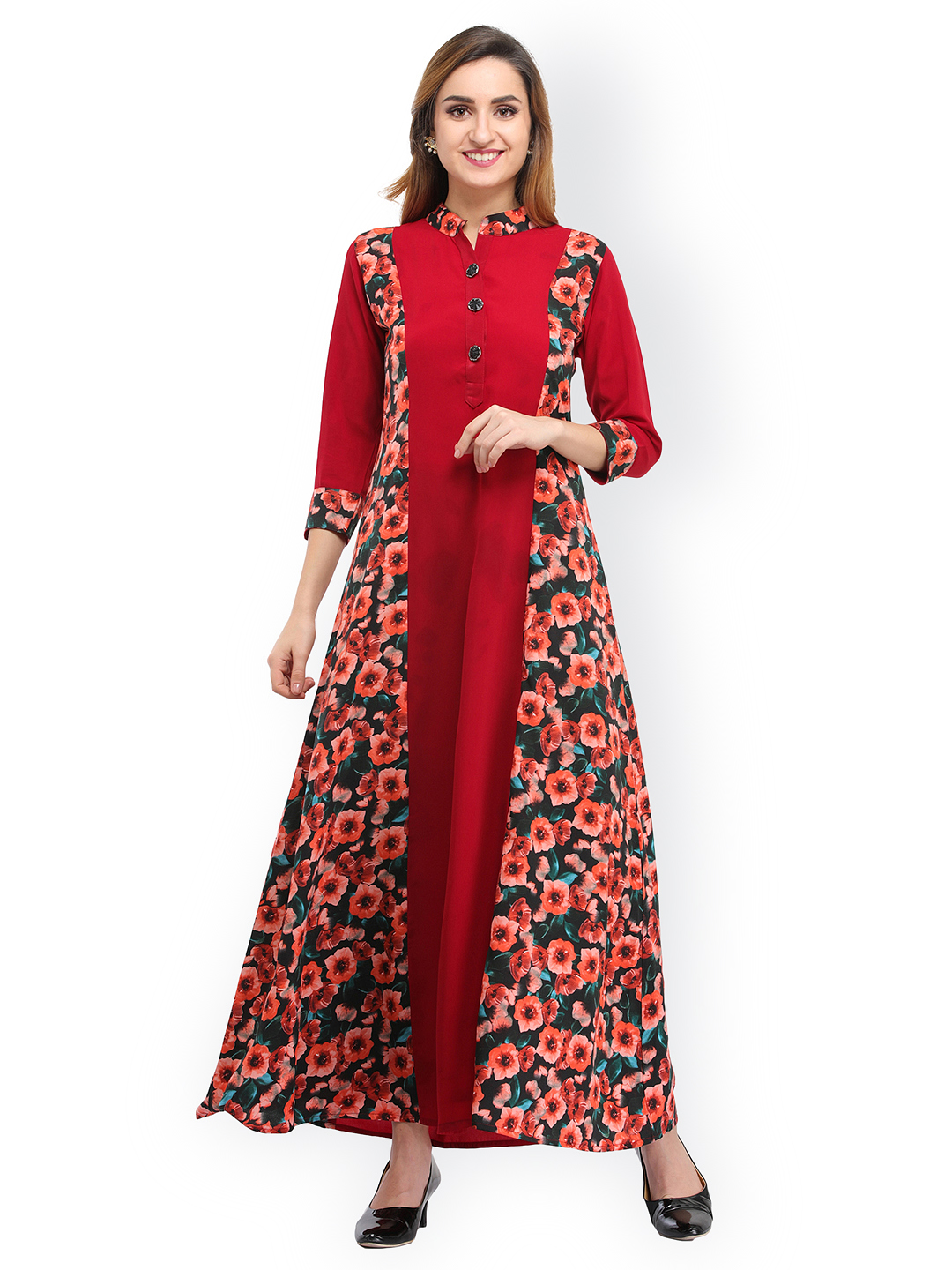 Cottinfab Women Maroon Floral Printed Maxi Dress Price in India