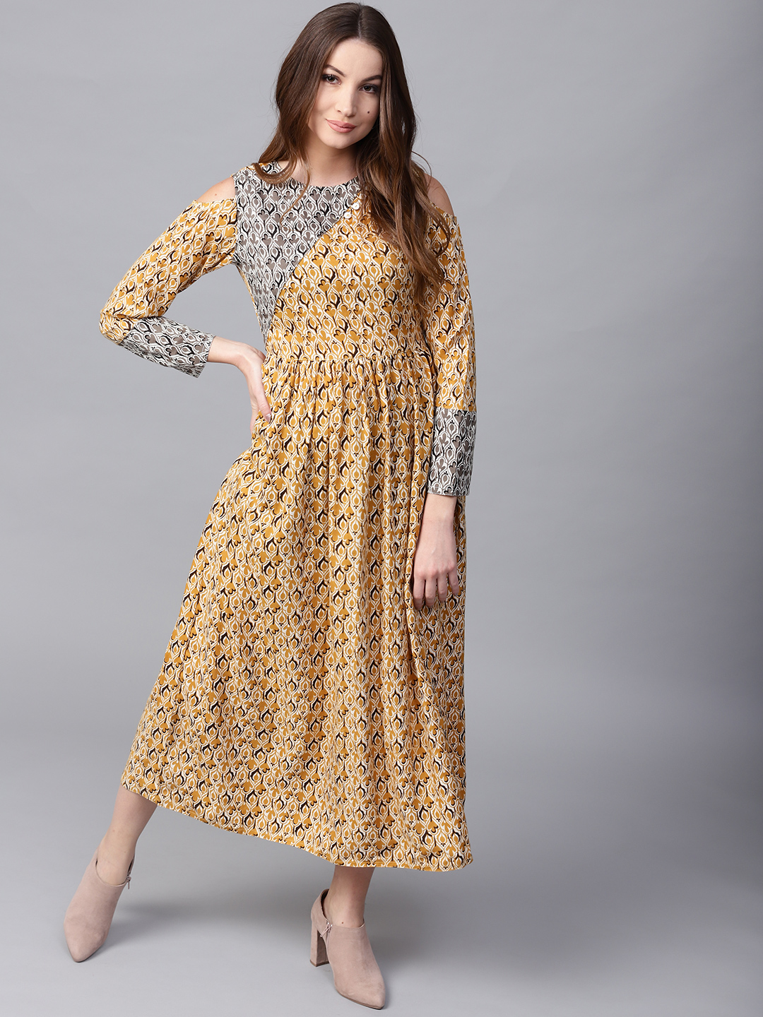 Jaipur Kurti Women Mustard Yellow Printed Maxi Dress Price in India