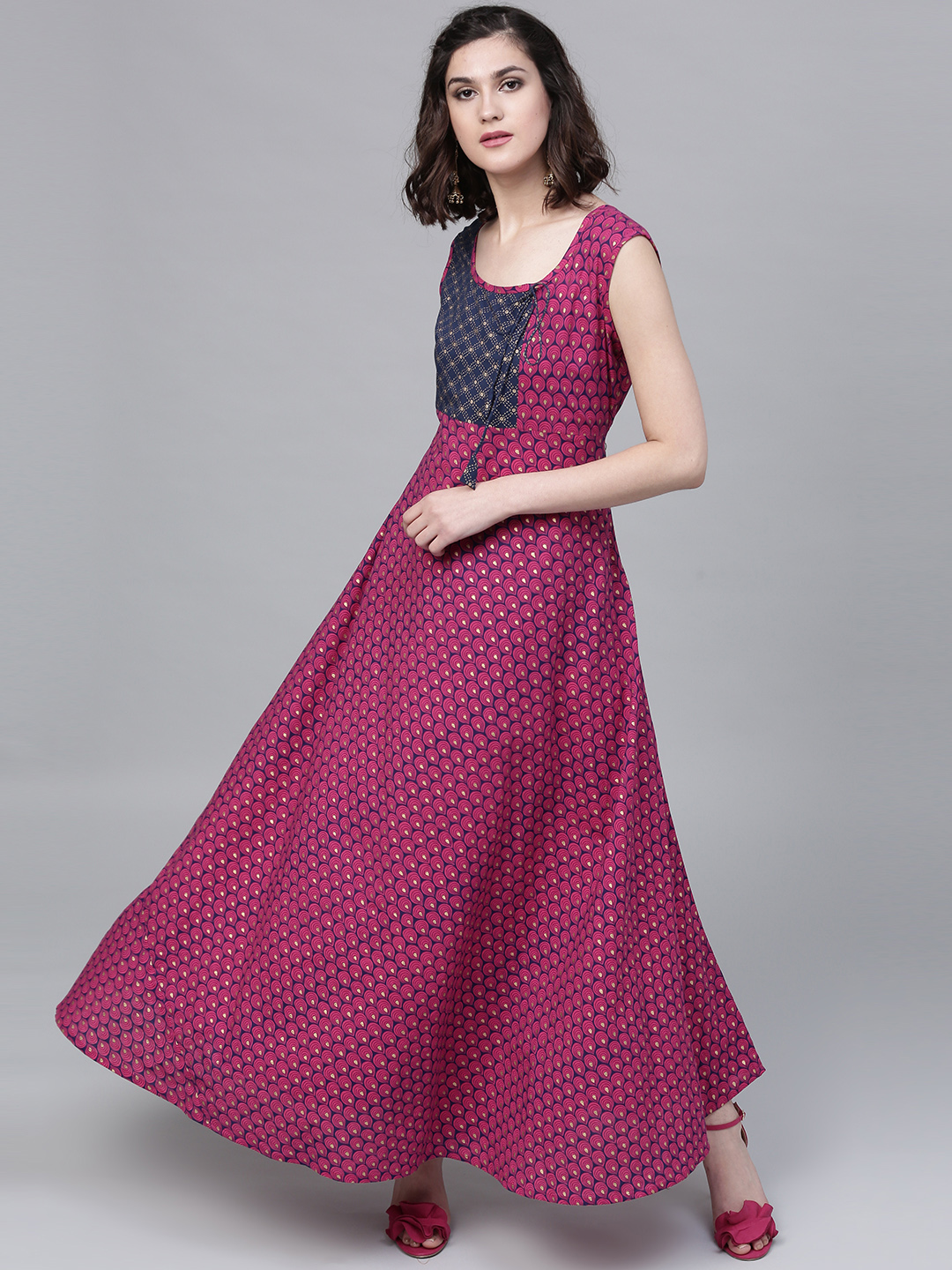 AKS Women Navy Blue & Pink Printed A-Line Maxi Dress Price in India