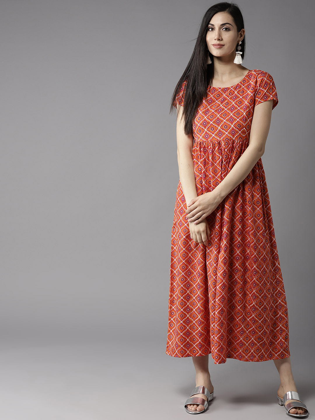 HERE&NOW Women Orange Printed Maxi Dress Price in India