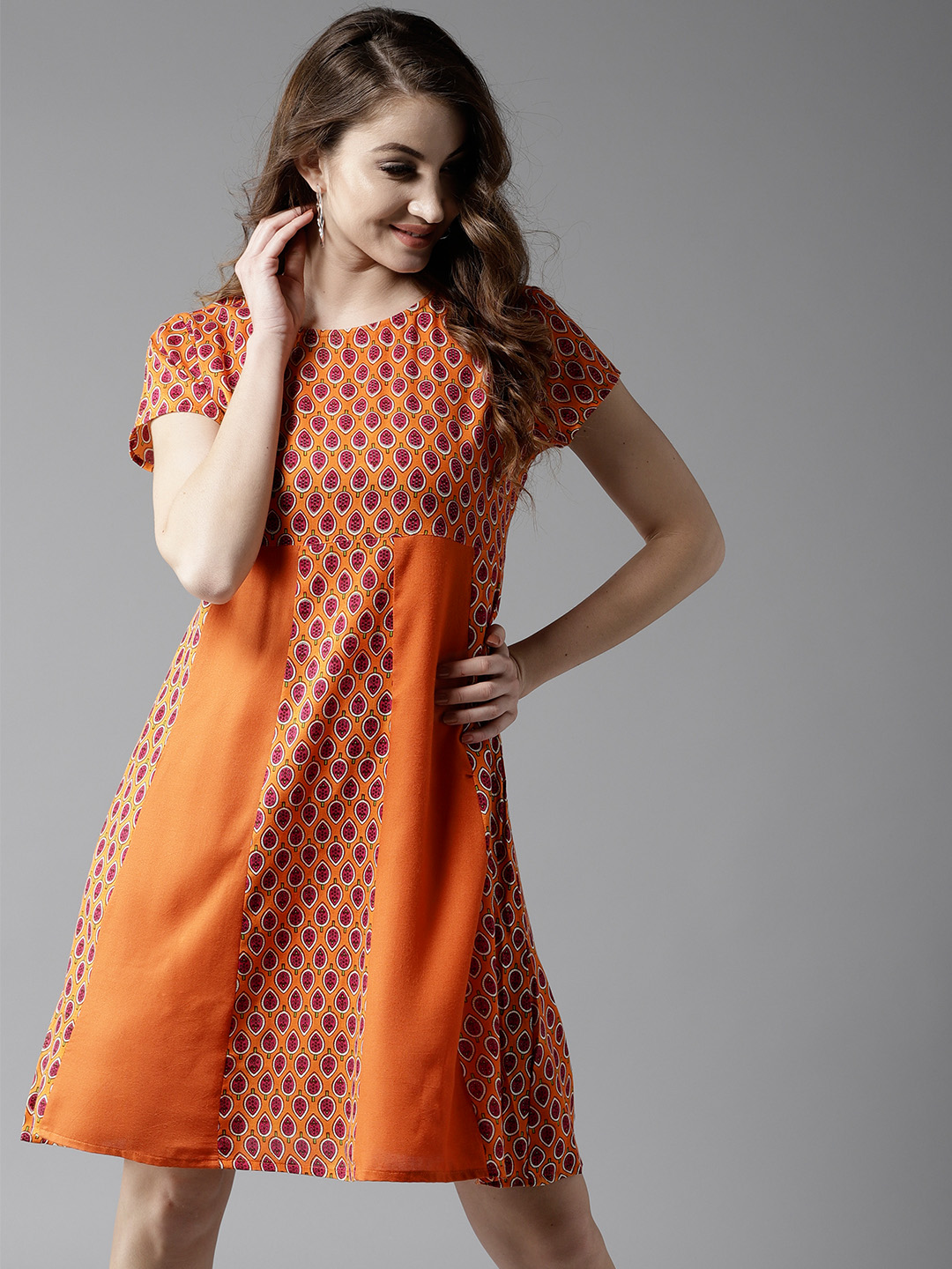 HERE&NOW Women Orange Printed A-Line Dress Price in India